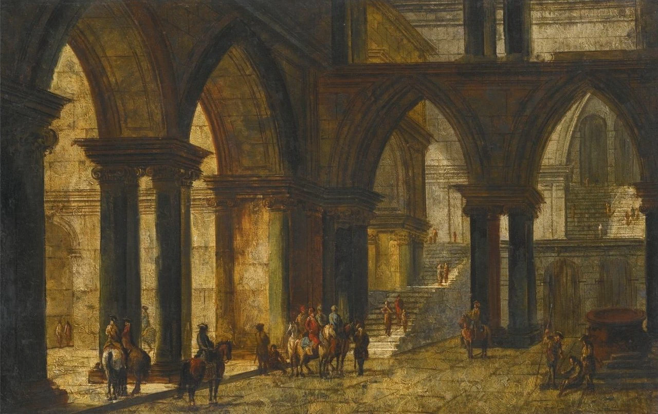 Fantasia architettonica con archi gotici a doppia altezza